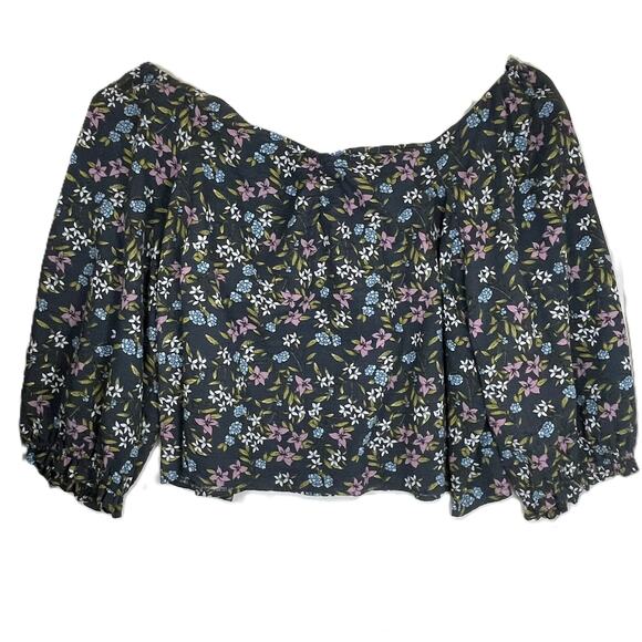 ana 4X Gray Floral Puff Sleeve Blouse Sweetheart Neck Boho Cottagecore Top - Picture 1 of 13